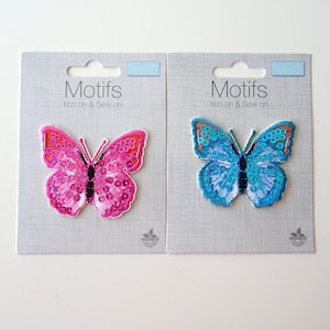 Butterfly Sew or Iron on Motif in Pink & Blue, Embroidered Sew on Patch, Applique Badges for Clothes Bags Hats