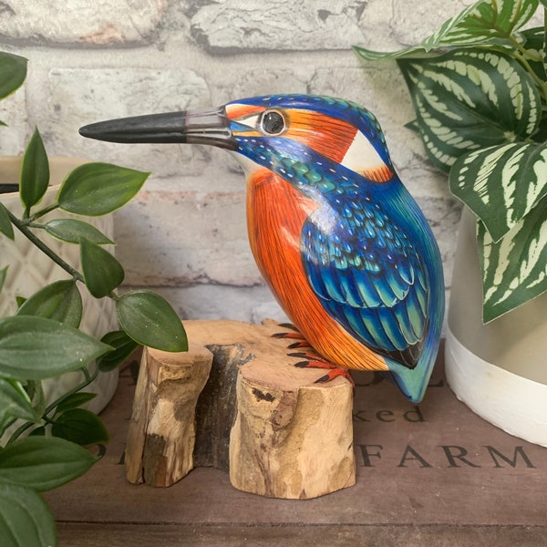 Kingfisher ornamento pájaro de madera tallado a mano, regalos para los amantes de las aves, Indigo Cottage Company, arte de aves
