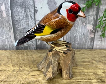 Hand Carved Goldfinch Ornament, Wooden Bird Sculpture