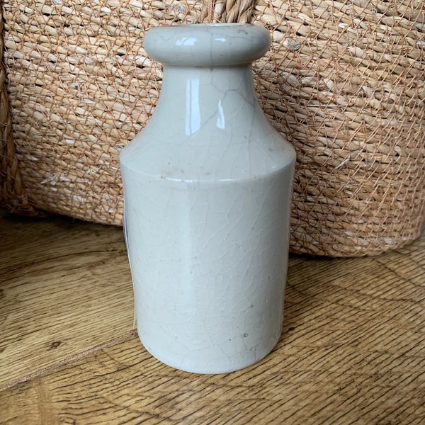 Victorian Cream Coloured Stoneware Ink Bottle, Cottage Core Antique Home Decor, Man Cave Gifts