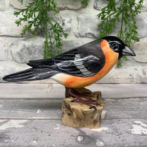 May include: Hand-painted wooden bird figurine with black, white, and orange feathers perched on a small wooden branch.