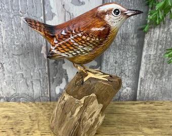 Hand Carved Painted Wooden Wren Ornament, Rustic Bird Lover Gift