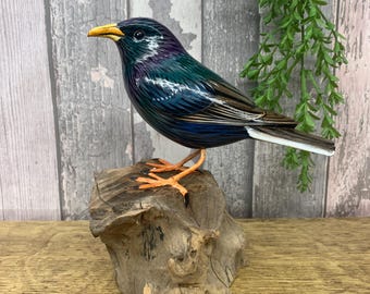 Hand Carved Wooden Starling Ornament, Realistic Bird Art, Indigo Cottage Company, Bird Watcher Gift