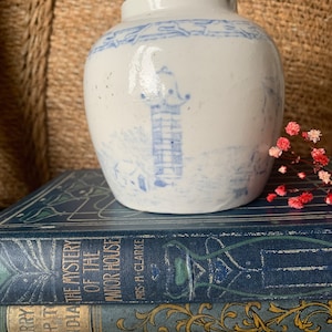 Op de afbeelding: Een witte keramische pot met blauwe en witte bloemenmotieven. De pot heeft een deksel en is versierd met een pagode-ontwerp. De pot staat op een stapel van drie blauwe boeken.