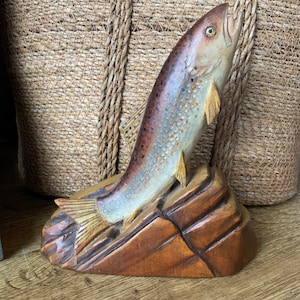 Vintage Hand Carved From The Solid Brown Trout, Hand Painted Fish Sculpture, Gifts for Anglers, Hunting and Fishing Memorabilia