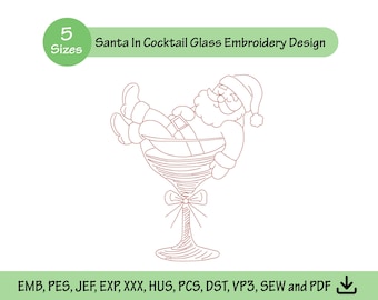 Santa in Cocktail Glass Machine Embroidery Design (Instant Download)