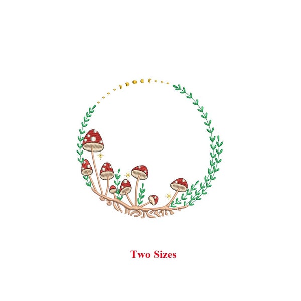 Mushroom wreath machine embroidery design / Wreath with moon / Mushroom / Two sizes