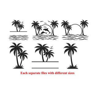 May include: Black and white silhouette design of palm trees, ocean waves, and dolphins. The design is available in multiple sizes and is perfect for creating custom projects.
