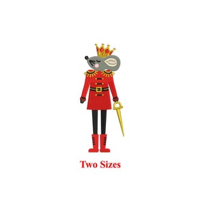 May include: A gray mouse dressed as a nutcracker with a red and gold uniform, a gold crown, and a gold sword. The text "Two Sizes" is below the mouse.