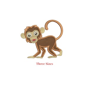 May include: Embroidered design of a brown monkey with a curled tail, smiling with big eyes. The text "Three Sizes" is below the monkey.