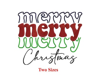 May include: White background with the words "merry merry Christmas" in a layered design. The top "merry" is outlined in navy blue, the middle "merry" is red, and the bottom "merry" is green. The word "Christmas" is in black script.