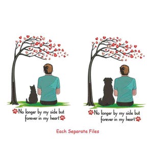 May include: An embroidery design featuring a silhouette of a person standing under a tree with hearts on the branches. The text "No longer by my side but forever in my heart" is below the image. A cat and dog are also included in the design.