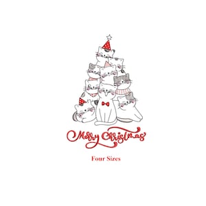 May include: A Christmas tree made of cute cartoon cats wearing Santa hats and scarves. The text "Merry Christmas" and "Four Sizes" is below the image.
