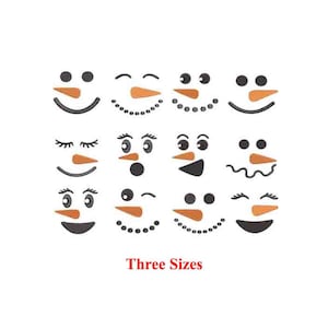 May include: Set of nine black and white snowman face embroidery designs. The designs include various expressions, such as smiling, winking, and sleeping. The text "Three Sizes" is displayed below the designs.