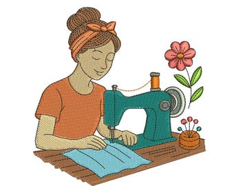 Lady Sewing Machine Embroidery Design | Vintage Seamstress Stitch File (Instant Download)