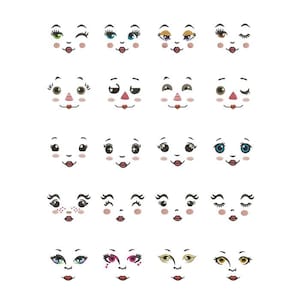 May include: A set of 20 different doll face embroidery designs. The designs feature various expressions, including happy, sad, surprised, and winking. The faces are all in a cartoon style and are perfect for adding a touch of whimsy to any project.
