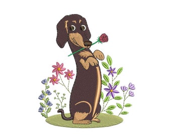 May include: A brown and tan dachshund dog with a red flower in its mouth, standing in a field of green, pink, and purple flowers.