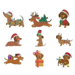 Dachshund Bundle Christmas Machine Embroidery Design | Dog Christmas Embroidery | Holiday Dachshund Designs | Cute Christmas Dog