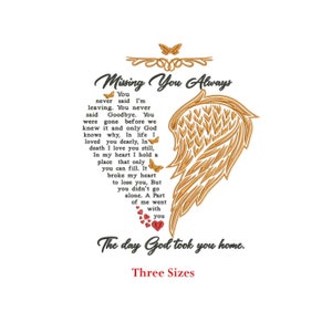 Missing you always you never said im leaving Remememberence Machine embroidery design / Memory saying / Wings with memory