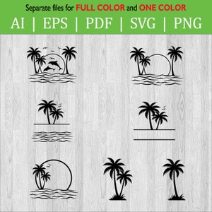 Beach sunset palm tree dolphin SVG circuit file  / Palm tree monogram / Summer vibes / PNG