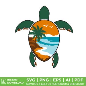 Sea Turtle Beach SVG | Ocean Sunset Turtle Clipart | Palm Tree Summer Cut File | PNG Eps Ai Instant Download