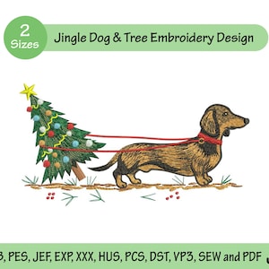 May include: An embroidery design featuring a dachshund pulling a Christmas tree. The tree is decorated with colorful ornaments and topped with a star. The design includes the text "Jingle Dog & Tree Embroidery Design" and is available in two sizes.