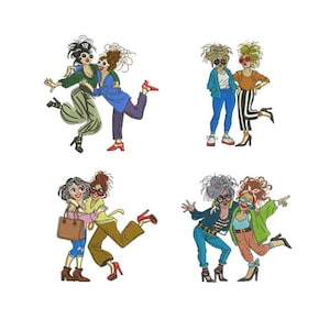 Può includere: Quattro immagini ricamate di donne in varie pose. Ogni immagine presenta due donne in abiti colorati, che si abbracciano o stanno insieme. Le donne indossano occhiali da sole e abiti alla moda, con cuciture dettagliate e colori vivaci.