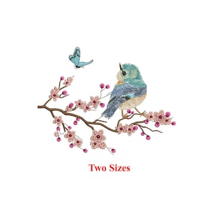 Motif de broderie Machine Oiseau bleu sur des branches de sakura / Oiseau sur des branches de sakura avec papillon volant