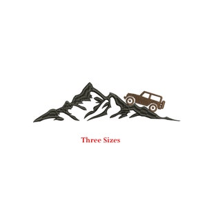 May include: Embroidered design showing a mountain range with a brown off-road vehicle on the peaks. The text "Three Sizes" is in red below the mountain and vehicle graphic. The design is on a white background.