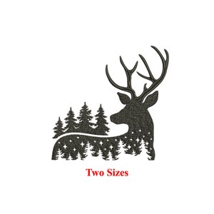 May include: Black silhouette of a deer with antlers, standing in a forest of pine trees. The deer's silhouette is filled with small white stars. The text "Two Sizes" is below the image.