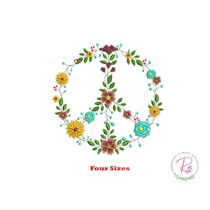 Puede incluir: Un diseño de signo de paz floral con flores amarillas, azules, rojas y marrones. El diseño está disponible en cuatro tamaños. "Four Sizes" está escrito en rojo debajo del diseño.