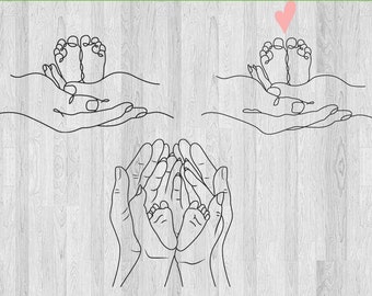 Baby Feet Holding Hands Line Art SVG PNG (Digital Download)