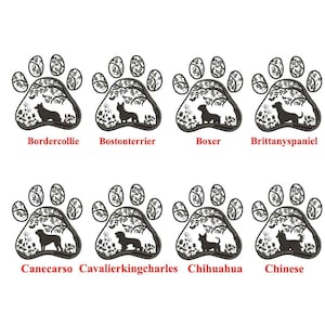 May include: Eight paw print designs with different dog breeds inside each print. The breeds are Border Collie, Boston Terrier, Boxer, Brittany Spaniel, Cane Corso, Cavalier King Charles, Chihuahua, and Chinese Crested.