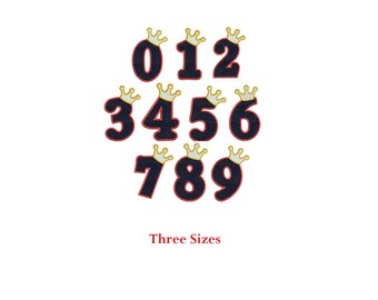 May include: Embroidered iron-on patches of numbers 0-9 with a gold crown on top. The numbers are black with a red outline and a polka dot pattern. The text "Three Sizes" is below the numbers.