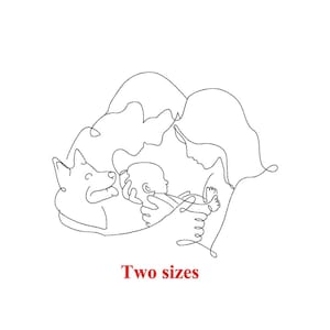 Family line art with dog Machine embroidery design / Line art / dog with family