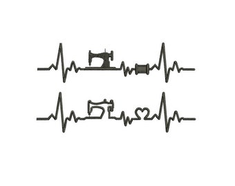 May include: Black and white illustration of a sewing machine and thread spool inside a heart-shaped EKG line. The EKG line is repeated twice.