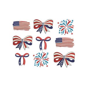 May include: A collection of embroidered designs featuring patriotic themes. The designs include stylized American flags, bows with red, white, and blue stripes and stars, and fireworks. These designs are perfect for crafting projects.