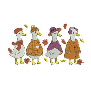 May include: An embroidered design featuring four geese dressed in fall attire. The geese wear a beret and scarf, a knit cap and sweater, a hat and shawl, and a coat with earmuffs. Autumn leaves are scattered around them.