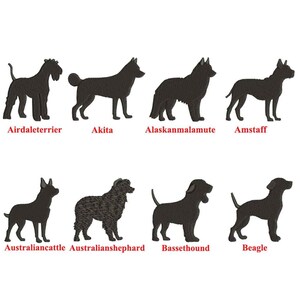 Peut inclure: Silhouettes de dix races de chiens différentes, dont l'Airedale Terrier, l'Akita, le Malamute d'Alaska, l'Amstaff, le Bouvier Australien, le Berger Australien, le Basset Hound, le Beagle, et plus encore.
