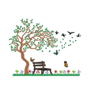 May include: A brown wooden bench sits under a green tree with leaves blowing in the wind.  There are butterflies and birds flying around the tree.  The bench is surrounded by green grass and colorful flowers.