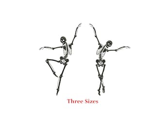 May include: Two black skeleton figures in a ballet pose. The skeletons are in different sizes. The text "Three Sizes" is below the skeletons.