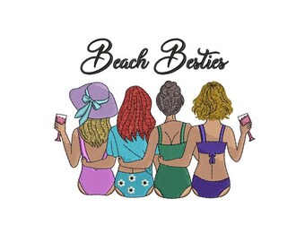 May include: Four women wearing swimsuits and hats stand together with their arms around each other. The text "Beach Besties" is above them.