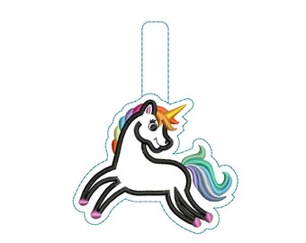 May include: A white unicorn with a rainbow mane and tail. The unicorn is standing on its hind legs with its front legs in the air. The unicorn has a yellow horn and a pink nose.