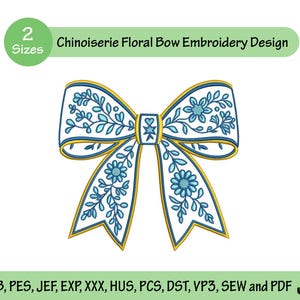 Chinoiseries Blue Floral Bow Embroidery Design | Vintage Ribbon Monogram Frame | Instant Download