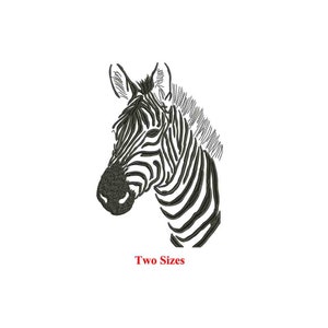 May include: Black and white line art embroidery design of a zebra's head. The design is available in two sizes. "Two Sizes" is written in red text below the zebra.