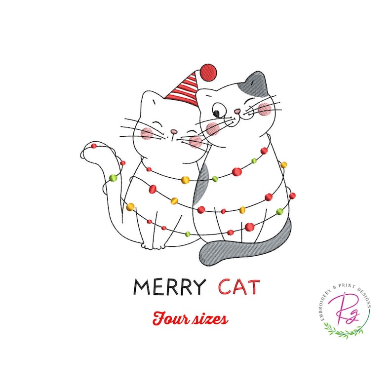 Merry Christmas Cat Machine Embroidery / Embroidery Design / Etsy