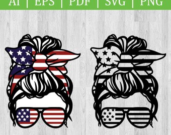 American Girl with messy bun SVG Cut file / Circuit file / Girl with messy bun bandana / SVG PNG