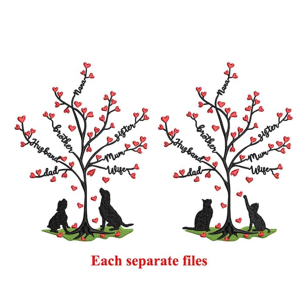 Cat & dog valentine tree love family names Machine embroidery design / Family love tree / Pets