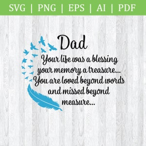 May include: A digital design with the word "Dad" in black script, accompanied by a blue feather and birds. The text reads, "Your life was a blessing, your memory a treasure... You are loved beyond words and missed beyond measure..."