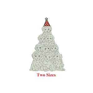 Puede incluir: Una ilustración caprichosa de un árbol de Navidad hecho de cachorros adorables. El cachorro superior lleva un gorro de fiesta rojo con lunares blancos y una estrella. El texto "Two Sizes" se muestra en rojo debajo.